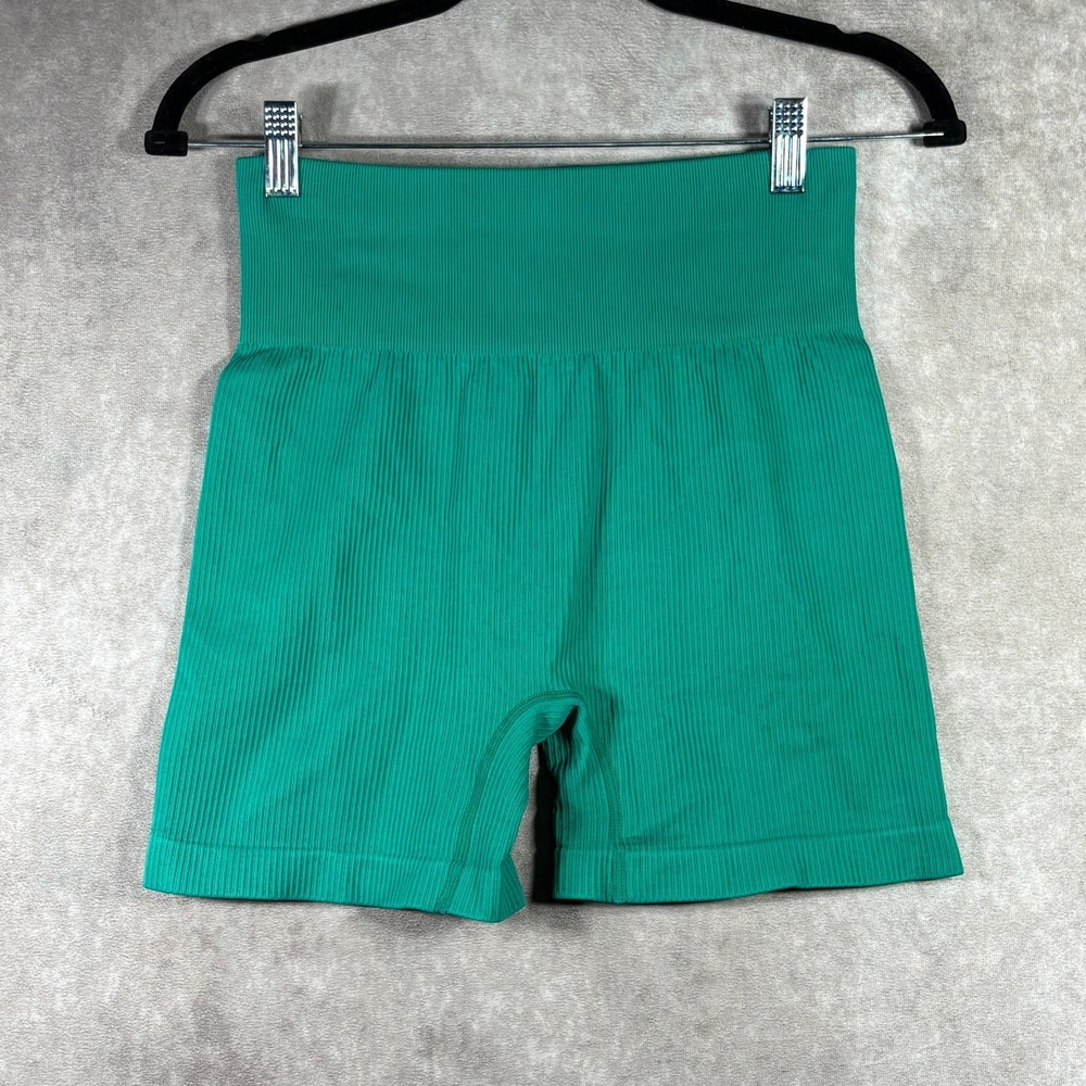 OQQ Biker Shorts Womens Large Green Rib Knit Seamless Training Running Outdoor